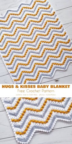 a crocheted baby blanket with the words hugs and kisses baby blanket written on it