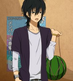 an anime character holding a watermelon in one hand and looking at the camera