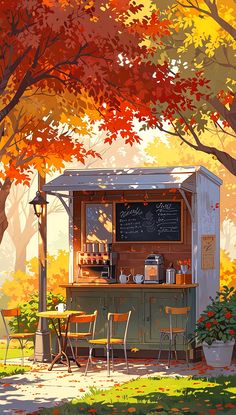 a painting of an outdoor coffee shop in the fall with trees and leaves around it