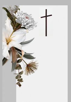 a cross and flowers on a white background