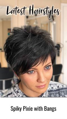 spiky-pixie-with-bangs Short Hair Not Pixie, Pixie Hair For Fine Hair, Short Bangs Long Hair Hairstyles, Women's Short Spiky Haircuts, Spunky Pixie Haircut, Spiky Pixie Haircut Spikes Shaved Sides, Wispy Short Hairstyles, Spiky Pixie Haircut Spikes With Bangs, How To Style Spiky Pixie Haircut