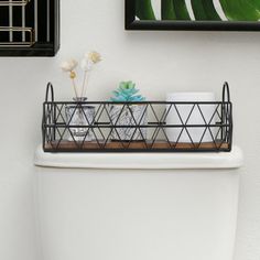 a white toilet with a metal basket on the tank and some plants in front of it