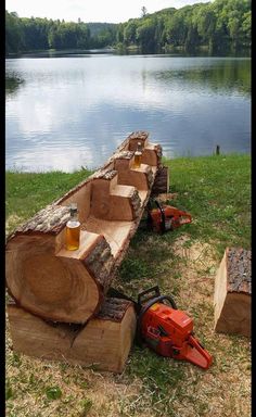 a chainsaw is sitting on the grass next to some logs and beer mugs