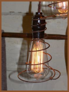 an old fashioned light bulb hanging from a wire with two lights on it's sides