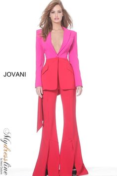 Looking for a stunning two-piece pant suit that will make you stand out from the crowd? Look no further than Jovani 04148. This gorgeous suit features a v-neck top with an open back, and pants with a figure-flattering cut. Whether you're attending a formal event or just want to look your best, Jovani 04148 is the perfect choice. Luxury Red Evening Pantsuit, Red Elegant Long Sleeve Pantsuit, Luxury Fitted V-neck Pantsuit, Fitted Pink Wide-leg Pantsuit, Luxury Pink Wide-leg Pantsuit, Lace Mermaid Dress, Jersey Prom Dress, Pant Suits For Women, Mermaid Evening Gown