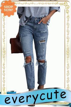 Contract High Rise Distressed Jeans Non-stretch Distressed Trendy Jeans, Distressed Full-length Cotton Jeans, Non-stretch Distressed Blue Jeans, Non-stretch High Rise Jeans With Frayed Hem, Non-stretch Distressed Medium Wash Jeans, Distressed Jeans, High Rise, Womens Bottoms, Light Blue