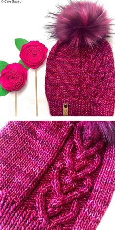 two pictures of pink knitted hats with flowers on them and one has a flower pin