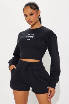 Available In Black. Short Set Sweatshirt Crew Neck Graphic On Top And Bottoms Sweatshorts Elastic Waistband Drawstring 100% Cotton Imported | Chillin' In Paris Short Set in Black size Large by Fashion Nova Casual Black Top Short Length, Black Casual Short Length Top, Fitted Short Tops For Fall, Relaxed Fit Workout Top Short Length, Black Crew Neck Crop Top For Loungewear, Black Crop Top For Workout, Relaxed Fit Short Top For Streetwear, Black Sports Top, Short Length, Black Workout Top Short Length