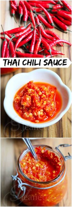 red chili sauce in a white bowl with spoons next to it and the recipe below