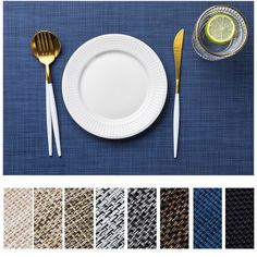 there is a plate, fork and knife on the table with different color swatches