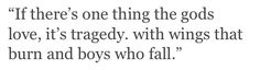 a quote that reads if there's one thing the gods love, it's traged with wings that burn and boys who fall