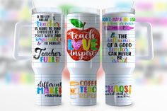 three personalized travel mugs with teacher appreciation on the front and back, each one has an apple