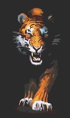 a tiger with its mouth open and it's eyes wide open, on a black background