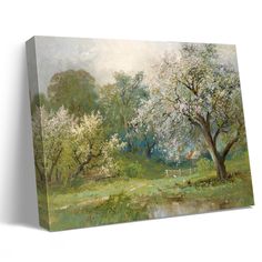 an oil painting on canvas of trees and animals in a field near a pond with water