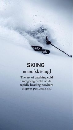 an advertisement for skis in the snow with a skier skiing down it's slope