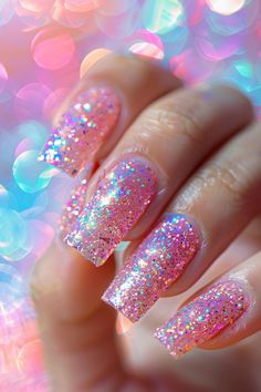 50 Glitter Nail Designs For Beautiful Dazzling Nails 25 Pink Sparkle Acrylics, Christmas Glitter Nails Sparkle, Birthday Glitter Nails, Pink Christmas Nail, Nails For 2023, Glamorous Birthday, Birthday Nail Ideas, Pink Christmas Nails