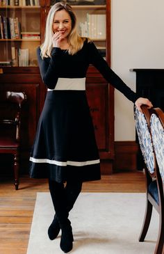 Black & Ivory Long Sleeve Fitted Dress, Fabric Making, Crew Neck Top, Over The Top, Wool Fabric, Body Shape, High Neckline, Hoodie Top, Fitted Dress