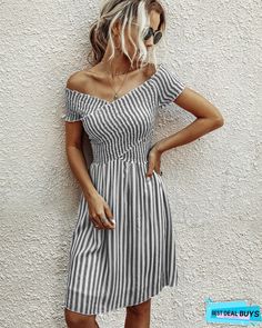 Fashion Striped Shoulder Short Sleeve Dress Non-stretch Knee-length Summer Mini Dress, Chic Striped Fitted Sundress, Striped Short Sleeve Summer Dress, Striped Short Sleeve Dresses For Spring, Fitted Striped Beach Dress, Fitted Striped Dresses For The Beach, Striped Knee-length Summer Dress, Spring Striped Knee-length Mini Dress, Striped Knee-length Mini Dress For Vacation