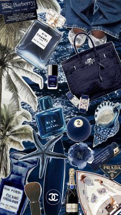 a collage of blue and white items with palm trees in the backgroud