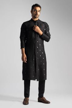 Black bamberg silk straight kurta with matte drop shaped sequin embellishments. Paired with a matching slim fit pant. - Aza Fashions Sequin Pant, Black Kurta, Men Kurta, Kurta Pant Set, Straight Kurta, Kurta With Pants, Band Collar, Slim Fit Pants, Pants Pattern