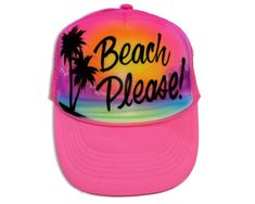 Our personalized trucker caps make a great gift for a party or special occasion. We can airbrush your hat with your name or up to a few words. They look great and stand out for just about anything. Personalized Summer Trucker Hat, Personalized Adjustable Trucker Hat For The Beach, Personalized Fun Summer Trucker Hat, Customizable Summer Trucker Hat For Beach, Pink Novelty Trucker Hat For Beach, Pink Novelty Trucker Hat For The Beach, Beach Scene, Louisville Ky, Beach Scenes