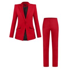 Tia Dorraine masters the art of modern tailoring with this red power suit.  The fully lined blazer is made from a luxurious stretch crêpe fabric in a form-fitting, single-breasted design. It has sharp shoulders, seamlessly integrated flap pockets and a same-fabric button for a contemporary touch.  In true Tia Dorraine style, the pants are a refreshing take on classic tailoring. Made from the same fabric, the style has a high-rise waist and is cut with straight-legs, tailored with pressed pleats. Red Power Suit, Sharp Shoulders, Modern Tailoring, Light Blazer, Classic Tailoring, Red Power, Satin Hands, Tailored Suit, Blazer Jackets For Women