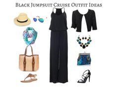 black jumpsuit cruise outfit ideas for women with accessories and handbag on white background