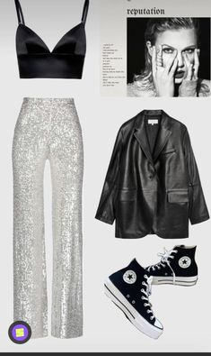 a pair of black and white shoes, cropped top, sequin pants, and jacket