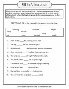 the worksheet for fill in alliteration, including words and pictures to help students