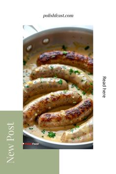 some sausages are in a pan with sauce and parsley