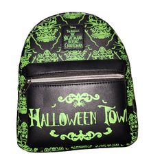 a green and black backpack with the words halloween town on it