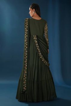 Green attached cancan pre-draped saree gown with floral embroidery using cutdana, sequin, white pearl, gold pearl - Aza Fashions Draped Saree Gown, Draped Saree, Gown For Women, Saree Gown, Drape Saree, Gown Pattern, Gold Pearl, White Pearl, Aza Fashion