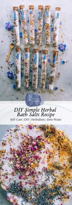 an assortment of different types of food on display in front of a white plate with the words diy simple herb bath salts recipe