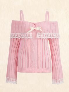 Contrast Lace Bow Front Cold Shoulder Sweater, School Pink Casual  Long Sleeve Knitted Fabric Plain Pullovers Slight Stretch  Women Clothing, size features are:Bust: ,Length: ,Sleeve Length: Pull Rose, Winter Knitwear, Y2k Long Sleeve, Pink Knit Sweater, Shein Outfits, Long Sleeve Jumper, Lace Sweater, Cold Shoulder Long Sleeve, Cold Shoulder Sweater