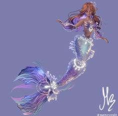 a digital painting of a mermaid in blue and purple dress with pearls on it's tail