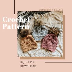 two knitted hats with pom poms on top and the text crochet pattern