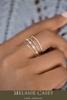 Stacked Rings Diamond, Stacking Diamond Bands, Stacked Rings With Engagement Ring, Diamond Band Stacked Rings, Stackable Gold Wedding Bands, Ring With Diamonds All Around, Dainty Diamond Ring Stack, 3 Ring Stack, Gold Diamond Ring Stack