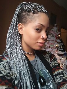 Undercut Box Braids, Mohawk With Braids Shaved Sides, Grey Box Braids Silver, Undercut With Box Braids, Locs Mohawk, Box Braids With Undercut, Silver Box Braids