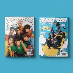 two magazine covers on a blue background, one with an image of the same boy band