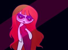 a cartoon girl with long red hair and big eyes, wearing pink glasses on her face