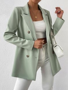 Mint Green Elegant Collar Long Sleeve Fabric Plain Regular Embellished Non-Stretch  Women Suits Mint Outfits For Women, Blazer Mint Green, Mint Suit Women Outfit, Mint Blazer Outfit Work Wear, Mint Blazer Outfits For Women, Pale Green Blazer Outfit, Mint Green And Beige Outfit, Mint Green Blazer Outfits For Women, Summer Blazers For Women