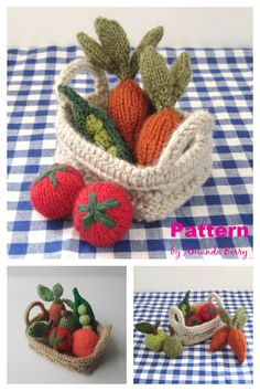 crocheted baskets with fruits and vegetables are shown in three different pictures, one is made out of yarn