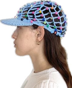 Casual Beaded Hats For Spring, Casual Beaded Cap, Casual Beaded Cap Hat, Summer Blue Mesh Baseball Cap, Casual Blue Trucker Hat For Festival, Spring Multicolor Beaded Hats, Spring Festival Multicolor Trucker Hat, Handmade Casual Trucker Hat For Summer, And Sign