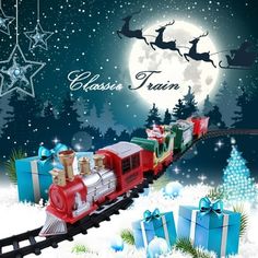 a christmas train with santa's sleigh and gifts coming down the track