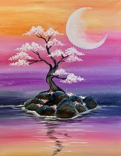 an acrylic painting of a tree on rocks in the water with a full moon behind it