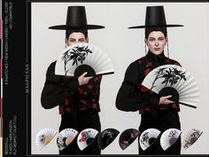 two people wearing black hats and holding fan