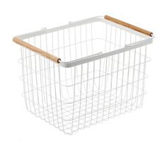 a white wire basket with wooden handles on the front and bottom, against a white background