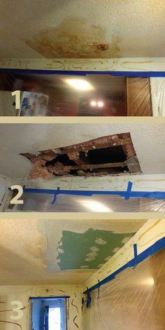 three pictures showing the process of painting a room with drywall and paint on the ceiling