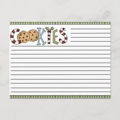 a christmas recipe card with cookies on the front and green trimmings, which reads cookies