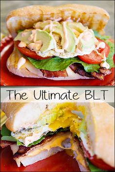 the ultimate blt sandwich is loaded with bacon, lettuce, tomato and avocado